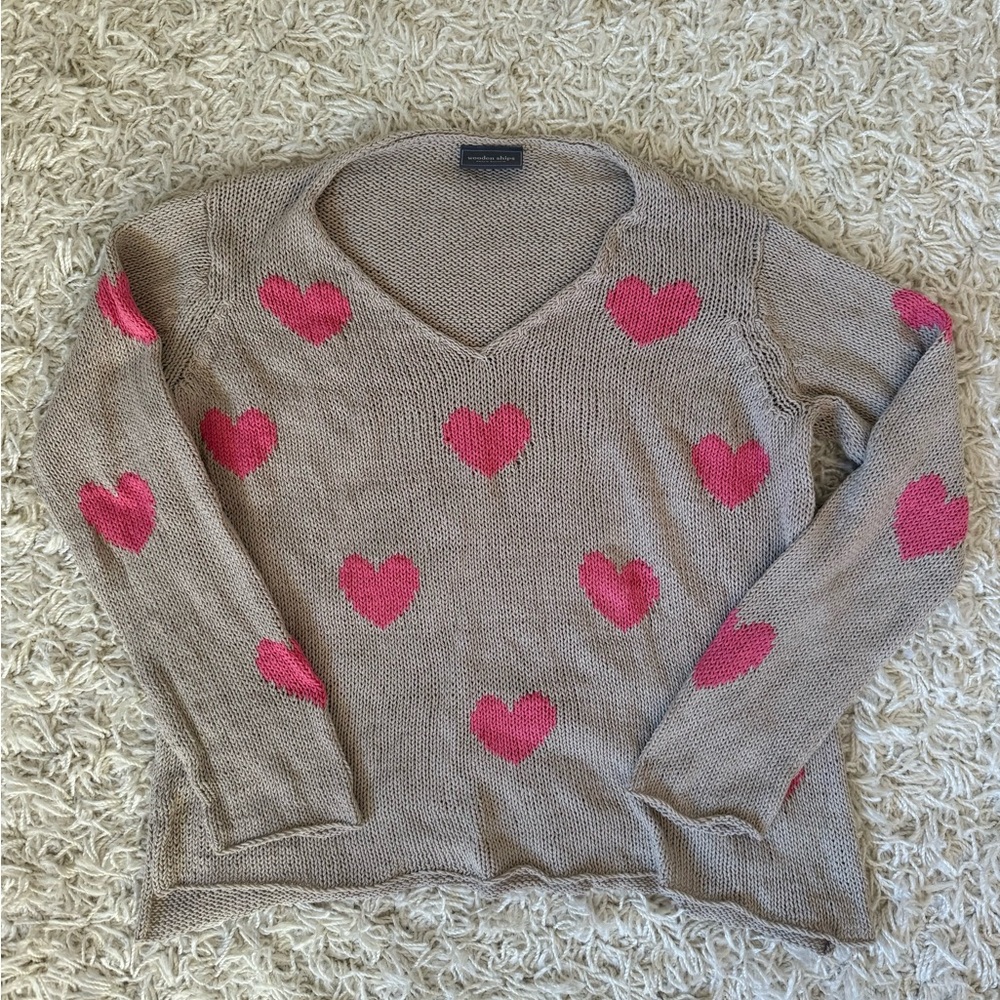 Wooden Ships Tan Sweater with Pink Hearts